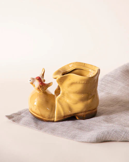 Home Studio | Birds on a Boot – Yellow Ceramic Decorative Showpiece | Whimsical Tabletop Accent