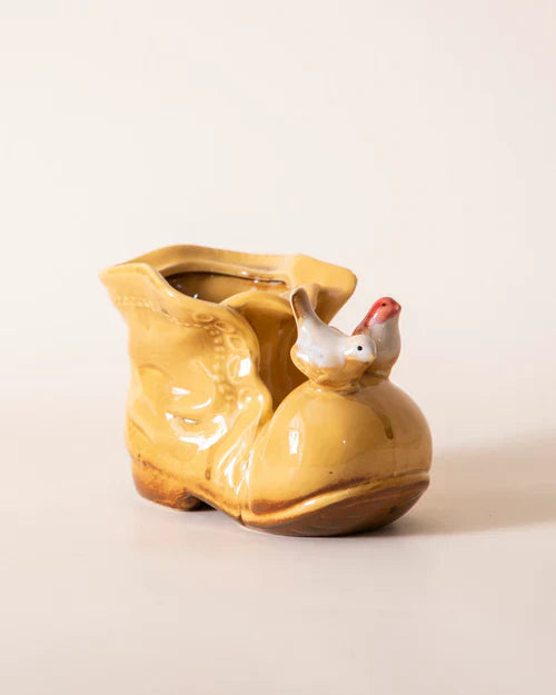 Home Studio | Birds on a Boot – Yellow Ceramic Decorative Showpiece | Whimsical Tabletop Accent
