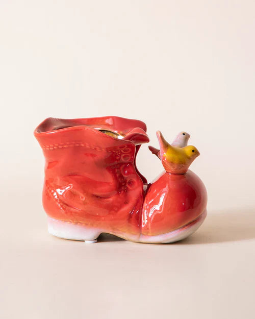 Home Studio | Birds on a Boot – Red Ceramic Multipurpose Pot | Whimsical Decorative Showpiece