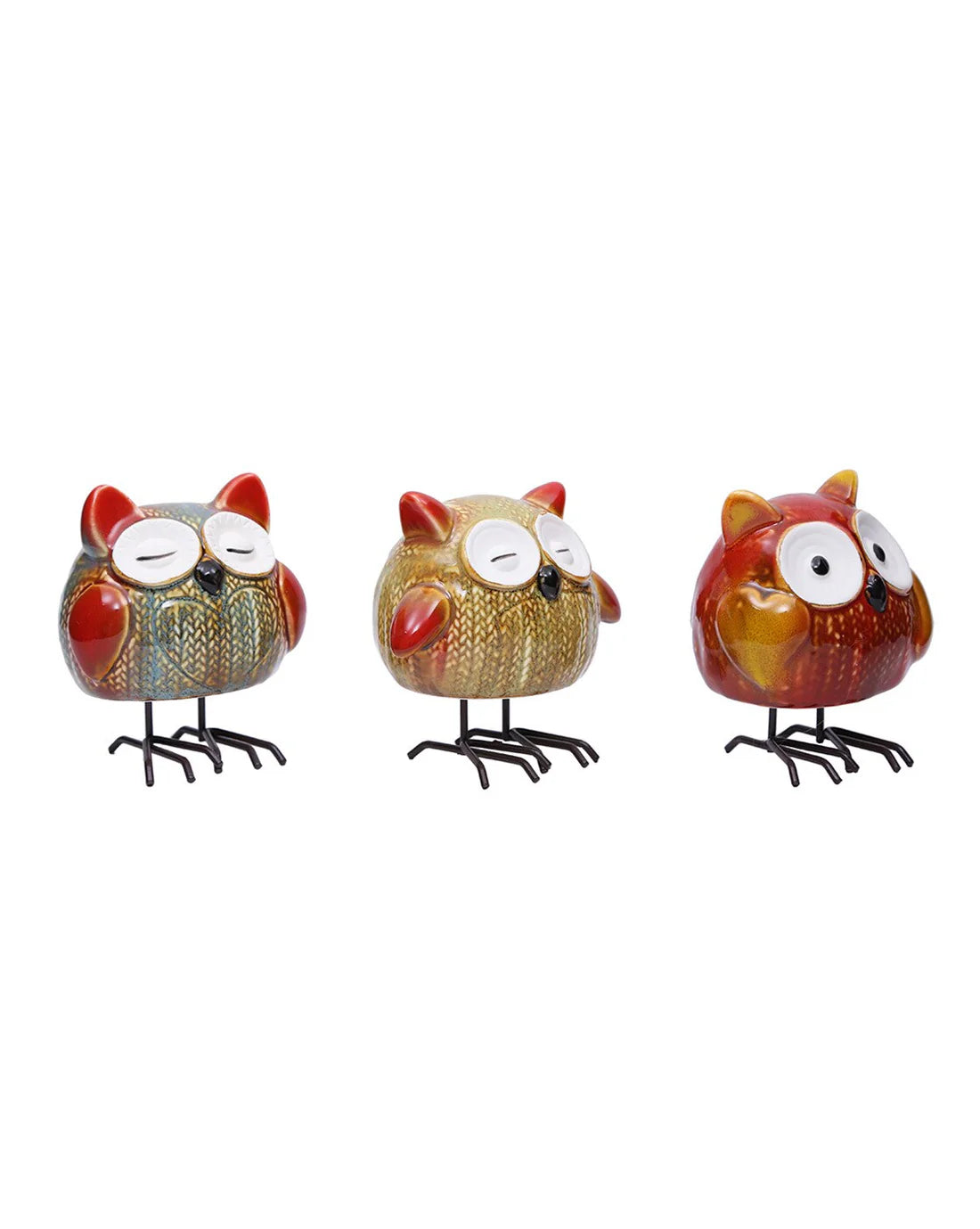 Home Studio Whimsy Owl Buddies – Set of 3 Ceramic & Metal Figurines | Playful & Quirky Home Decor