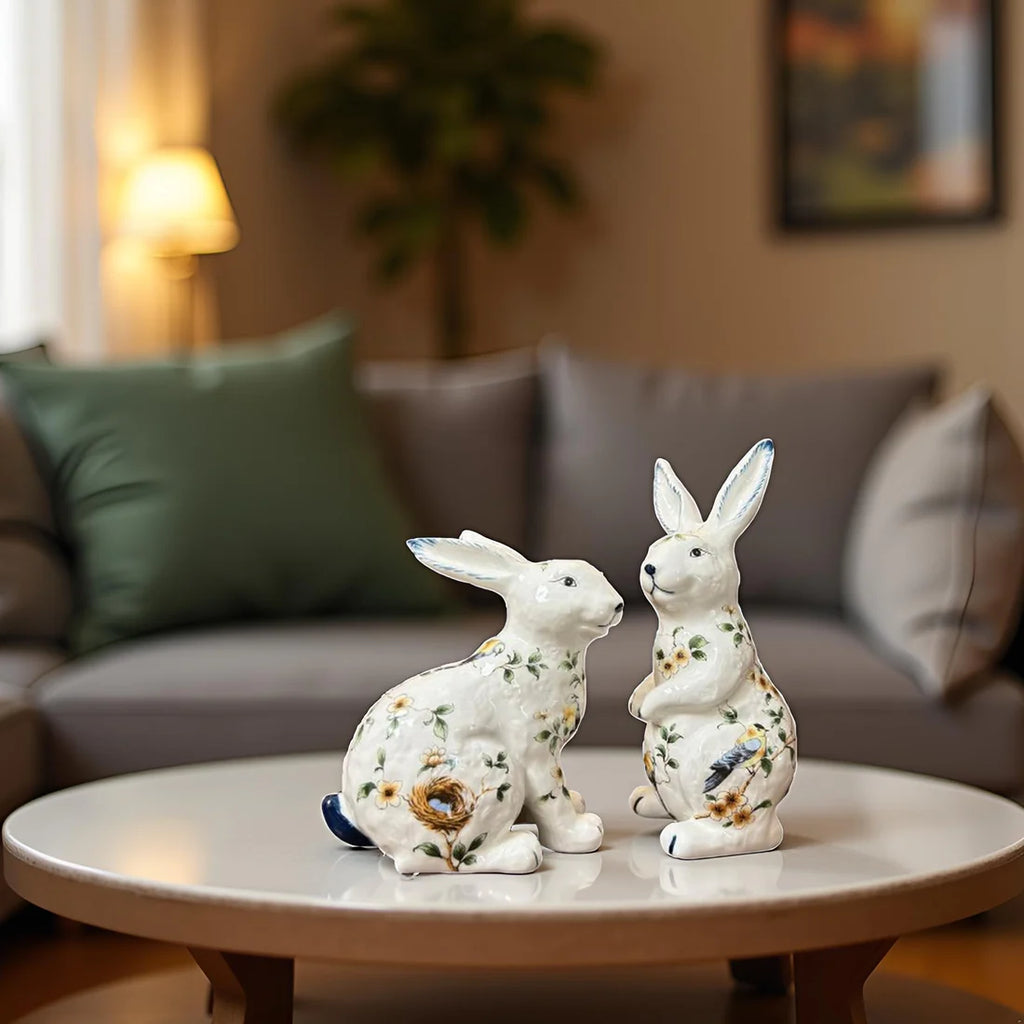 Home Studio | White Floral Rabbit Figurine 2 PC Set – Ceramic Decorative Item