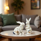 Home Studio | White Floral Rabbit Figurine 2 PC Set – Ceramic Decorative Item