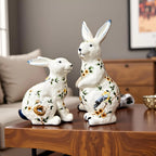 Home Studio | White Floral Rabbit Figurine 2 PC Set – Ceramic Decorative Item