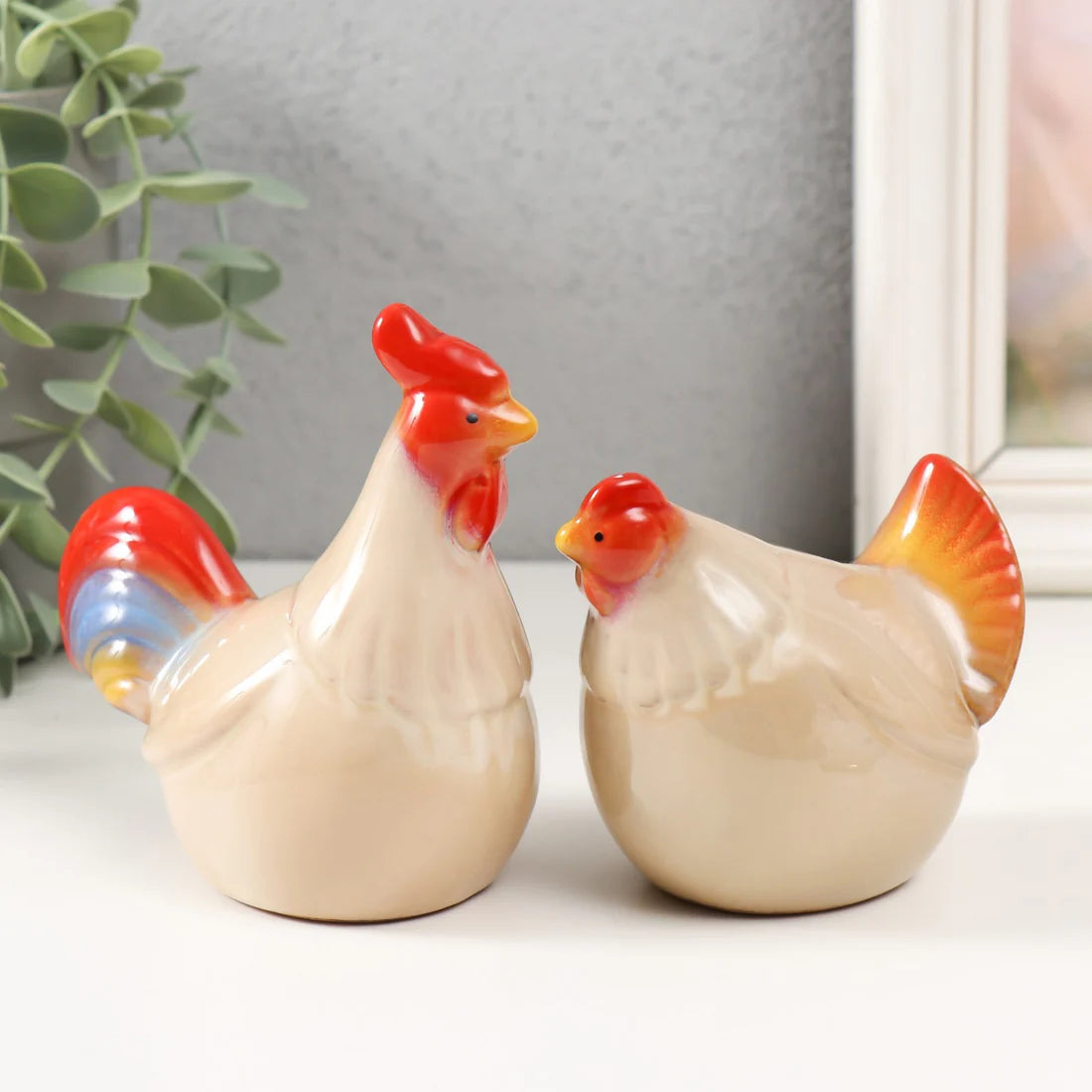 Home Studio | Ceramic Hen & Rooster Pair – Large Farmhouse Style Figurines | Rustic Kitchen & Shelf Decor