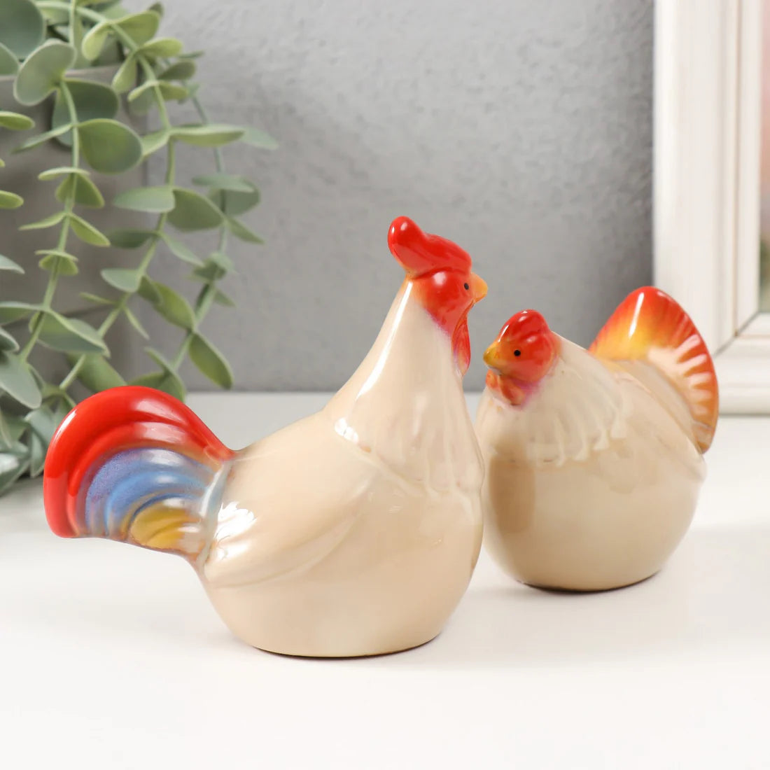 Home Studio | Ceramic Hen & Rooster Pair – Large Farmhouse Style Figurines | Rustic Kitchen & Shelf Decor