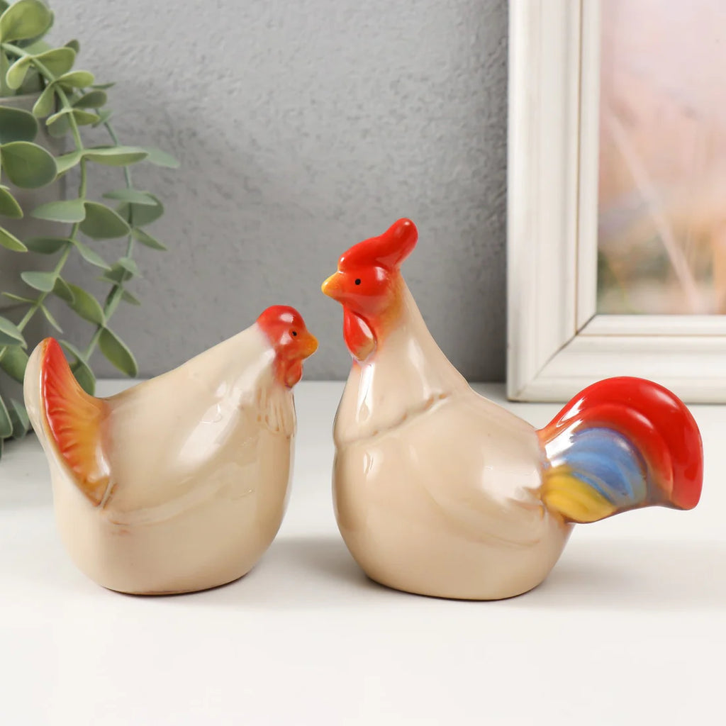 Home Studio | Ceramic Hen & Rooster Pair – Large Farmhouse Style Figurines | Rustic Kitchen & Shelf Decor