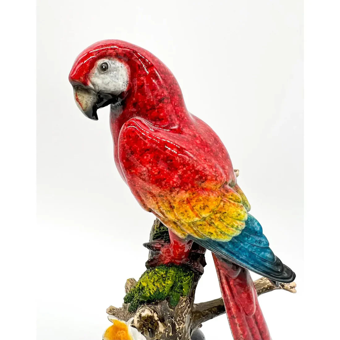 Home Studio | Elegant Parrot Figurine on Branch – Small Tabletop Accent | Vintage-Inspired Macaw Decor
