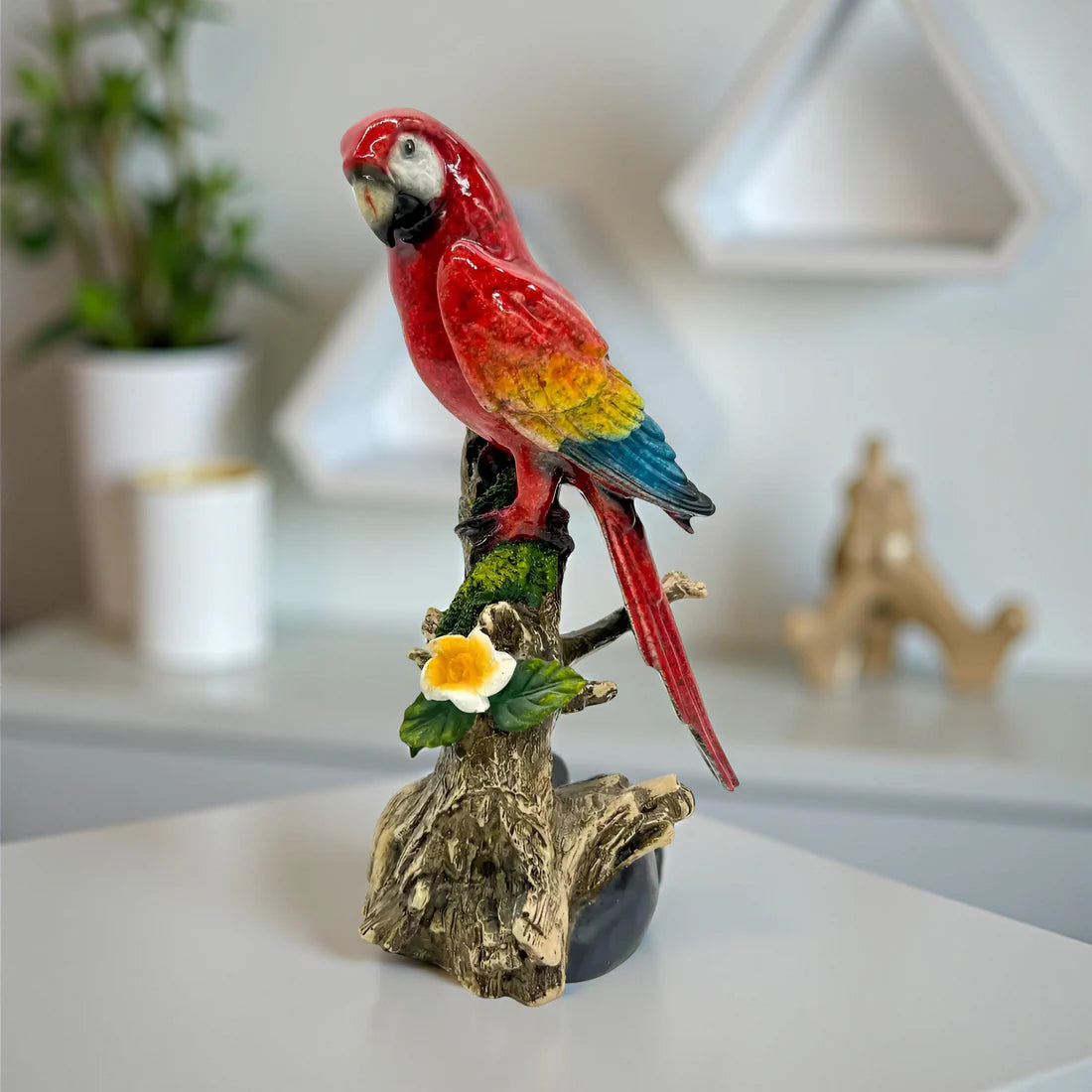 Home Studio | Elegant Parrot Figurine on Branch – Small Tabletop Accent | Vintage-Inspired Macaw Decor
