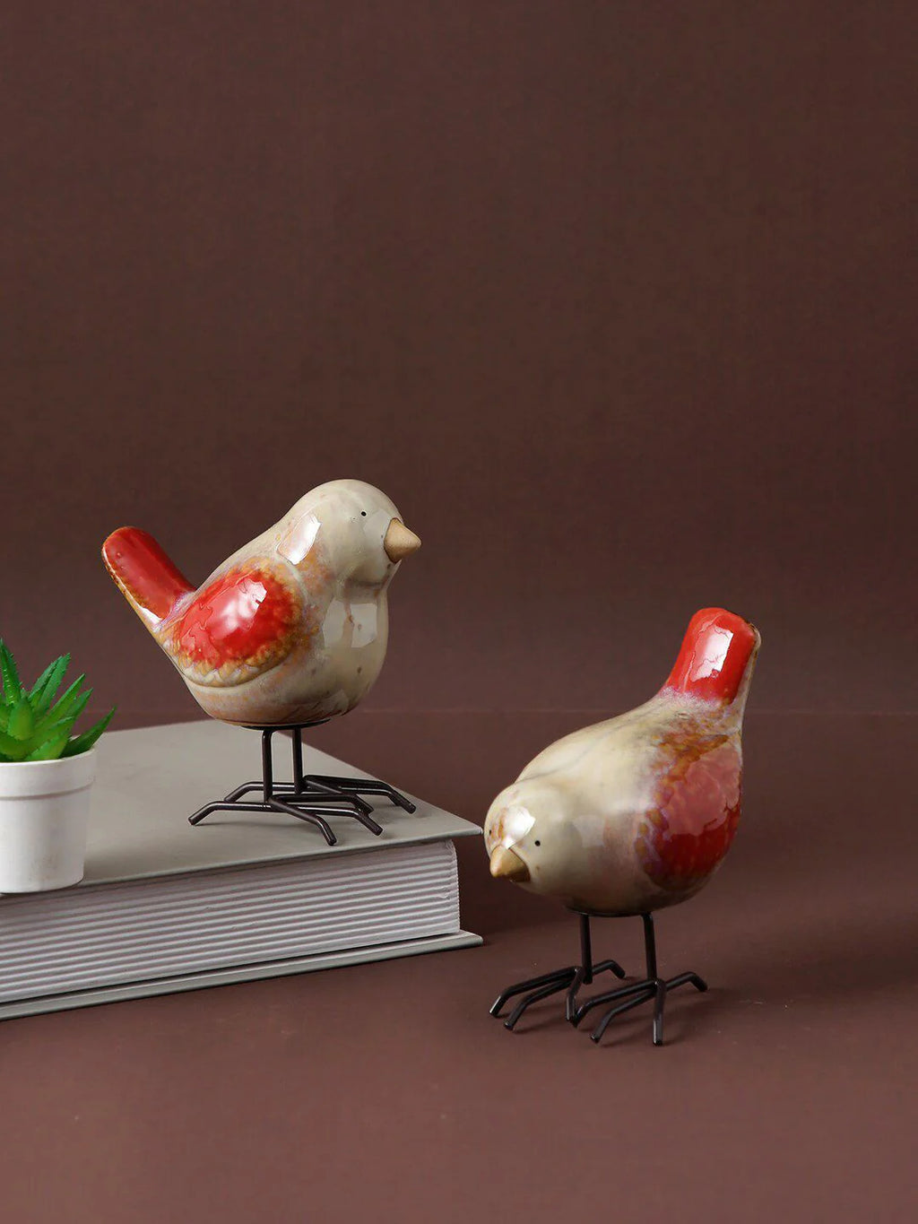 Home Studio | Chirpy Companions – Red-Tailed Bird Figurine Pair | Handcrafted Ceramic & Metal Decor