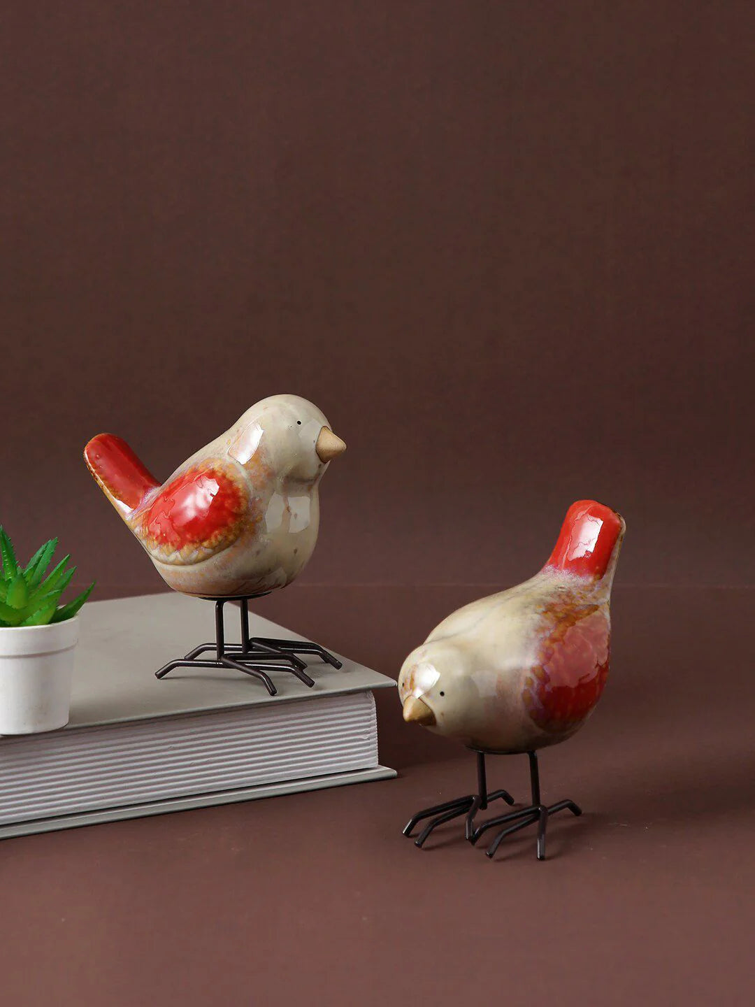 Home Studio | Chirpy Companions – Red-Tailed Bird Figurine Pair | Handcrafted Ceramic & Metal Decor