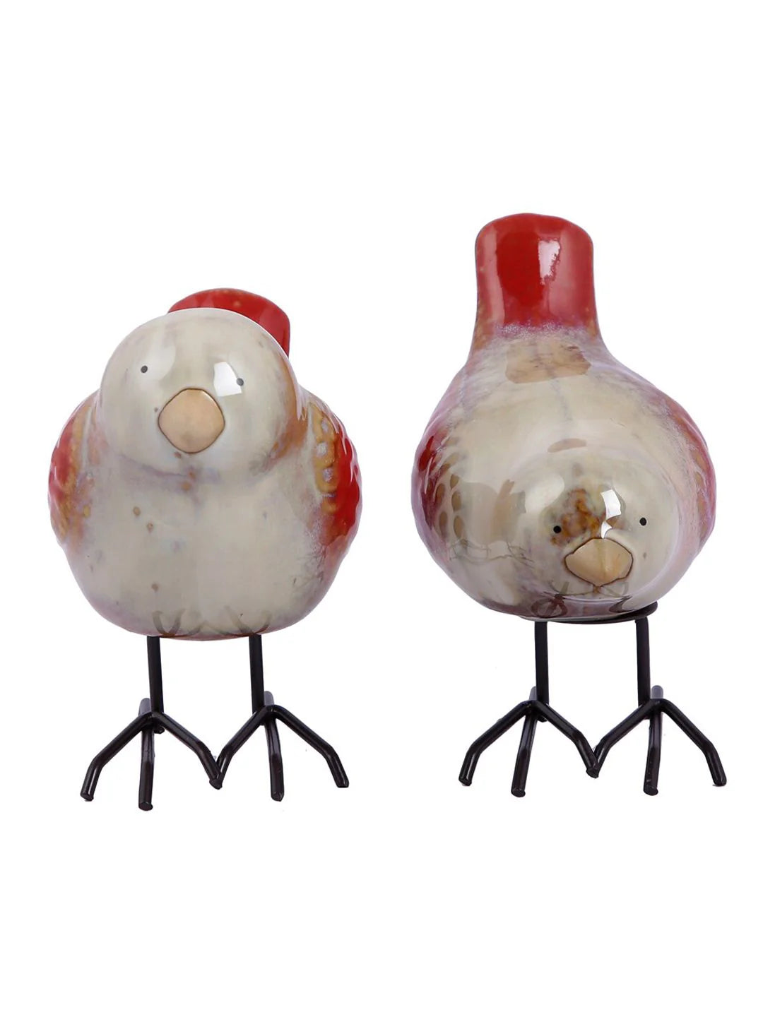Home Studio | Chirpy Companions – Red-Tailed Bird Figurine Pair | Handcrafted Ceramic & Metal Decor