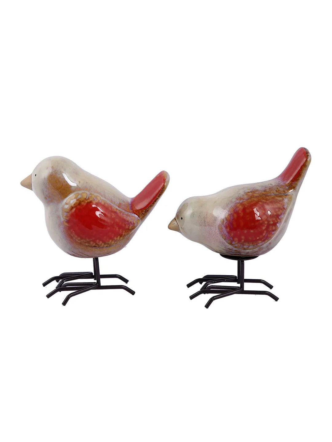 Home Studio | Chirpy Companions – Red-Tailed Bird Figurine Pair | Handcrafted Ceramic & Metal Decor