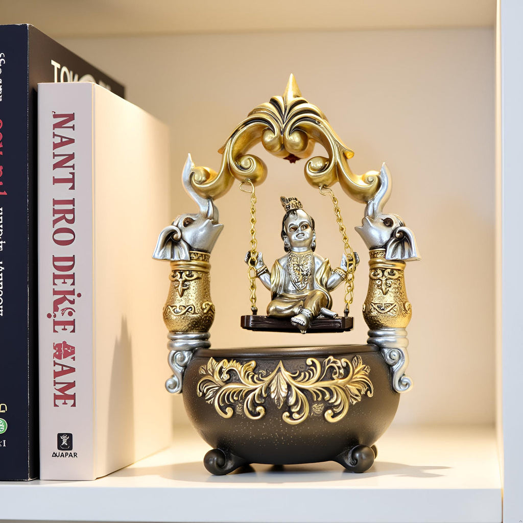 Home Studio | Lord Krishna on Elephant Swing Idol – Decorative Krishna Jhula Statue Figurine