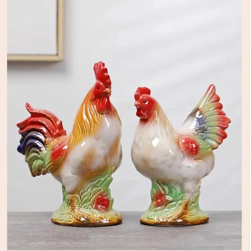 Home Studio | Ceramic Rooster & Hen Figurine Set – 2 Pieces Large | Hand-Painted Rustic Farmhouse Decor