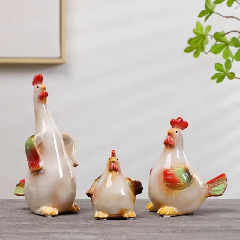 Home Studio | Ceramic Rooster Family Statues – Set of 3 Colorful Figurines | Whimsical Easter & Farmhouse Decor