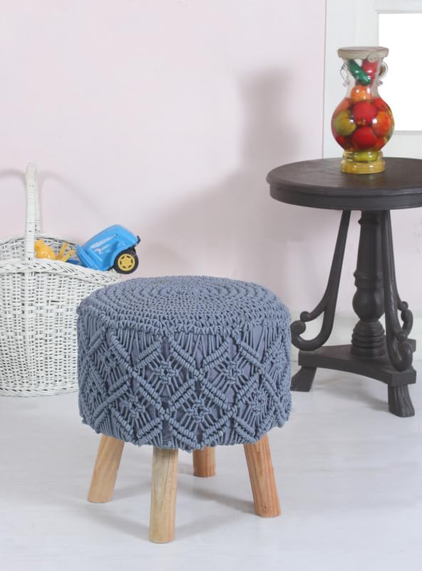 Hand-Knitted Ottoman Pouffe – 15x15 Inch Puffy Stool for Living Room, Dressing Table, Home Decor & Footrest- Home Studio
