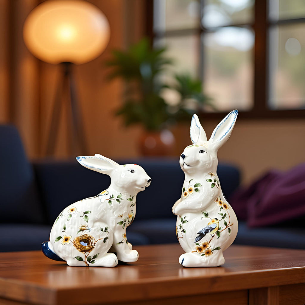 Home Studio | White Floral Rabbit Figurine 2 PC Set – Ceramic Decorative Item