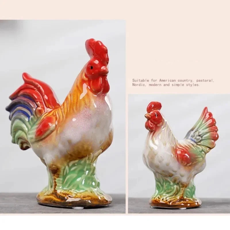 Home Studio | Ceramic Rooster & Hen Figurine Set – 2 Pieces Large | Hand-Painted Rustic Farmhouse Decor