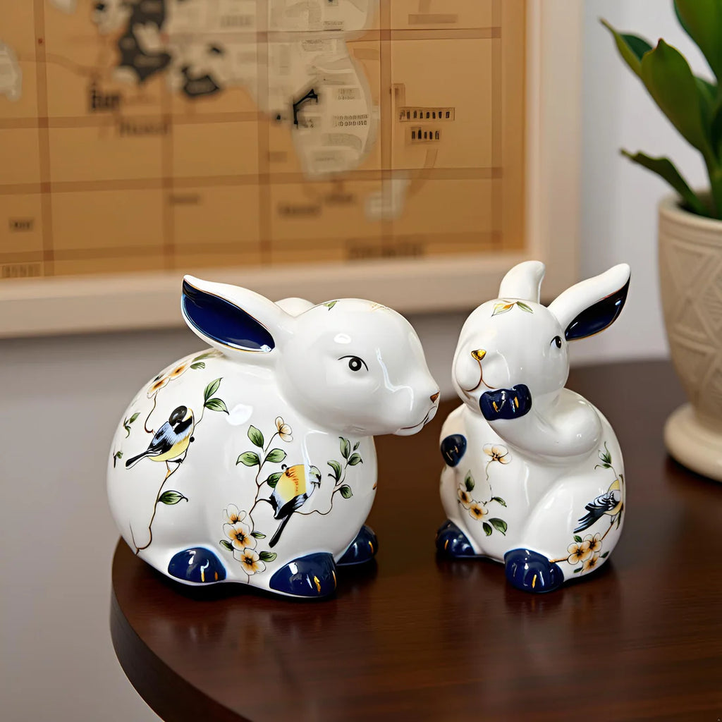 Home Studio | White Floral Rabbit Figurine 2 PC Set – Ceramic Decorative Item