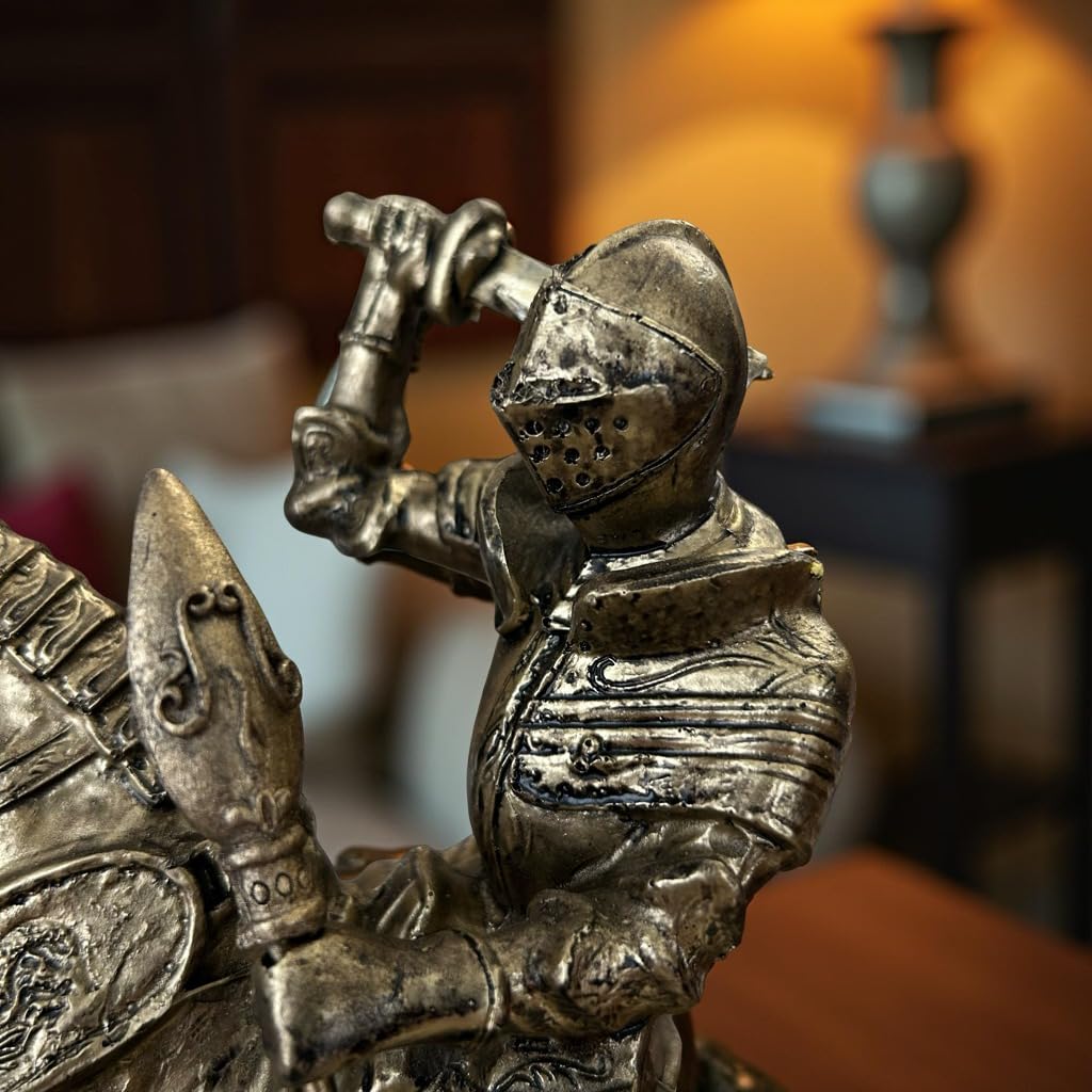 HomeStudio Armored Knight with Sword on Horseback Figurine - 26cm Large Ceramic Medieval Rider Sculpture - Historical Knight Statue for Home Decor, Office Desk & Gift
