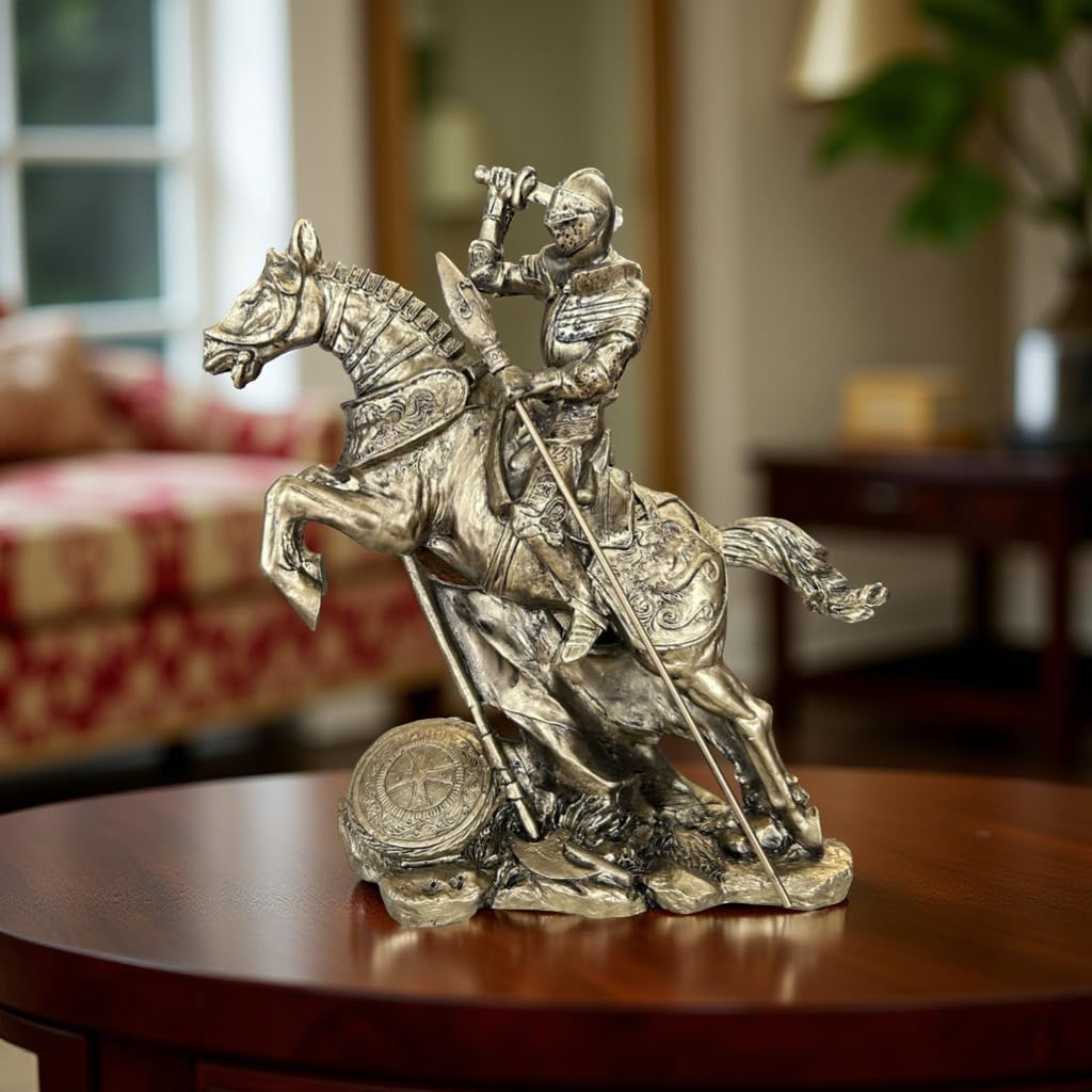 HomeStudio Armored Knight with Sword on Horseback Figurine - 26cm Large Ceramic Medieval Rider Sculpture - Historical Knight Statue for Home Decor, Office Desk & Gift