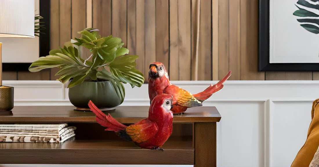 Home Studio | Scarlet The Parrot Pair – Vibrant Decorative Figurines | Playful Tropical Bird Decor