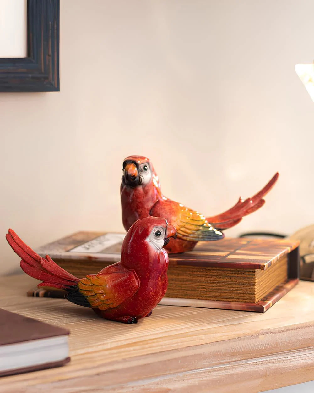 Home Studio | Scarlet The Parrot Pair – Vibrant Decorative Figurines | Playful Tropical Bird Decor