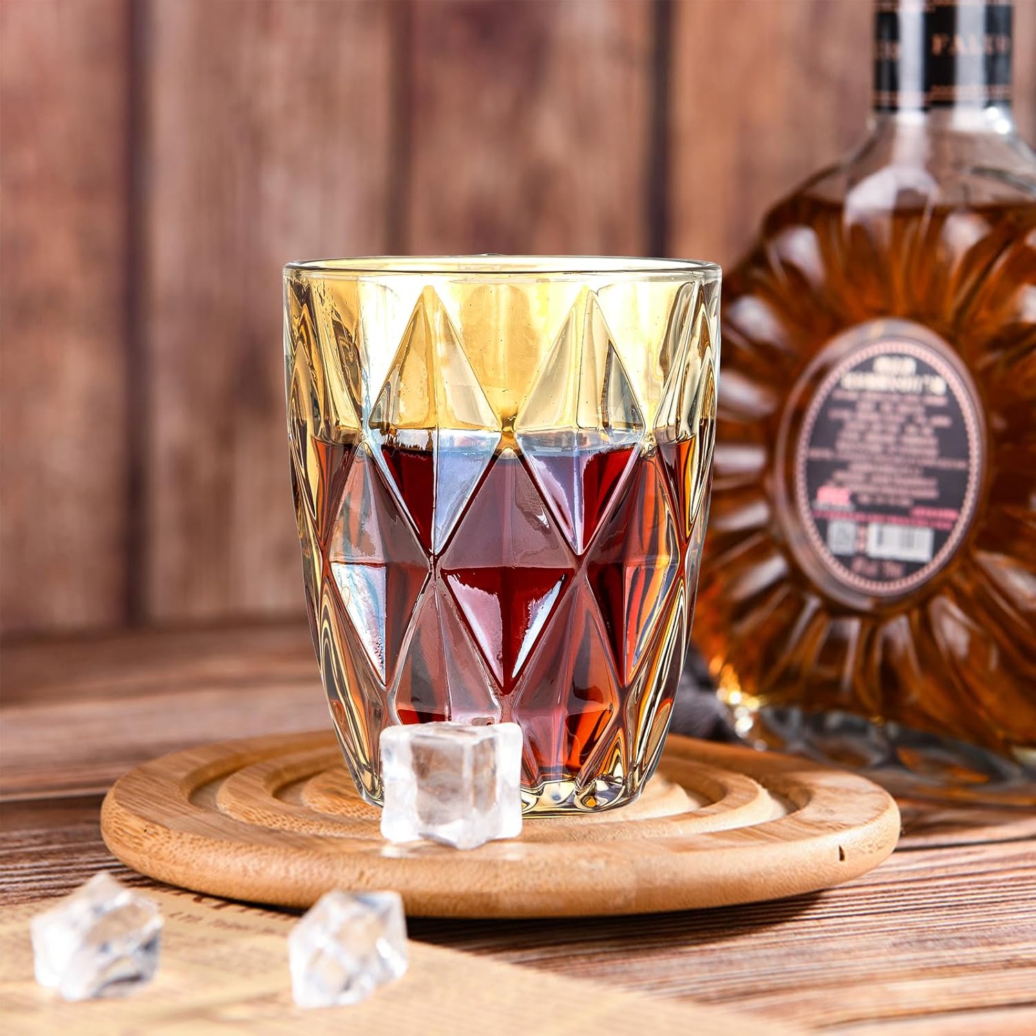 Golden Diamond Drinking Glasses – Set of 6 Vintage Embossed Tumblers for Water, Cocktails, and Beverages Home Studio