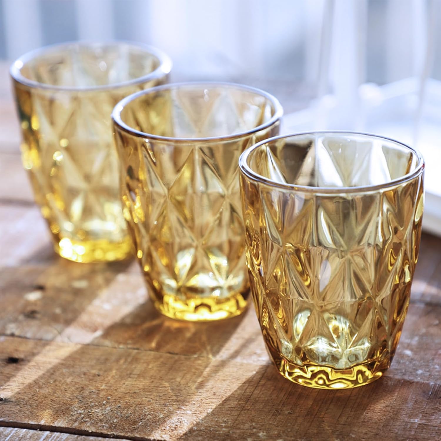 Golden Diamond Drinking Glasses – Set of 6 Vintage Embossed Tumblers for Water, Cocktails, and Beverages Home Studio