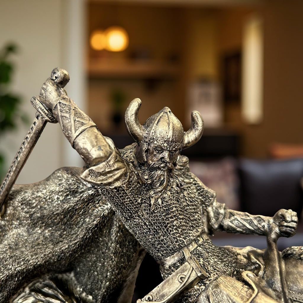 HomeStudio Medieval Viking Warrior Statue - Decorative Norse Knight on Horse Figurine - Antique Finish Battle Sculpture for Bookshelf, Desk, or Mantel Decor
