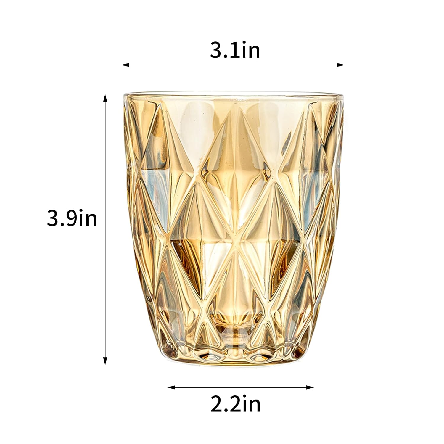 Golden Diamond Drinking Glasses – Set of 6 Vintage Embossed Tumblers for Water, Cocktails, and Beverages Home Studio