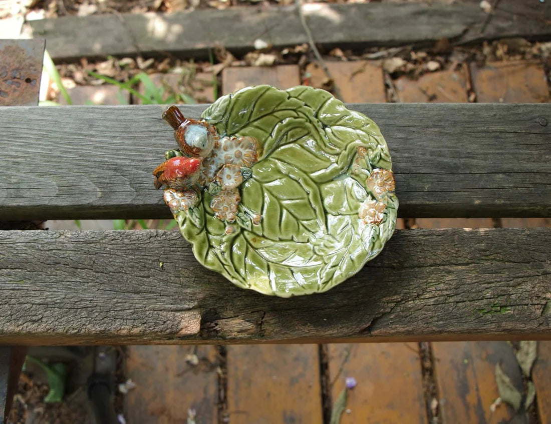 Home Studio | Leafy Ceramic Bird Bowl – Handcrafted Decorative Dish with Floral Detailing (18.5 cm)