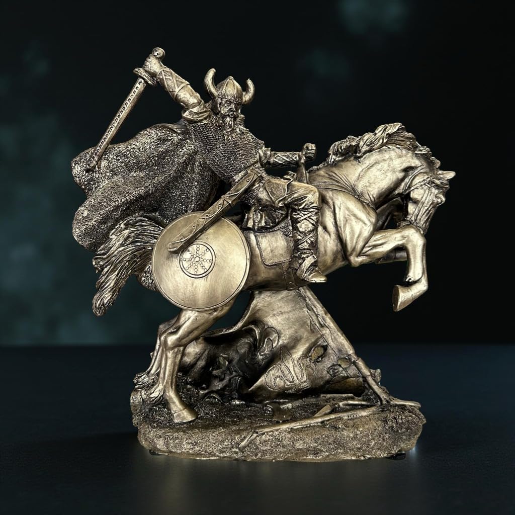 HomeStudio Medieval Viking Warrior Statue - Decorative Norse Knight on Horse Figurine - Antique Finish Battle Sculpture for Bookshelf, Desk, or Mantel Decor