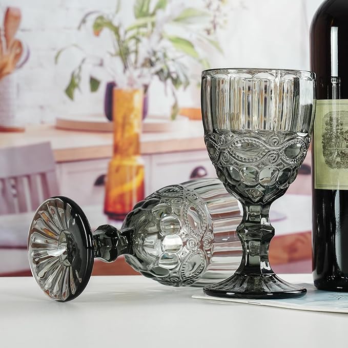 Grey Blackish Stem Glasses – Set of 6 Elegant Painted Glass Goblets by Home Studio