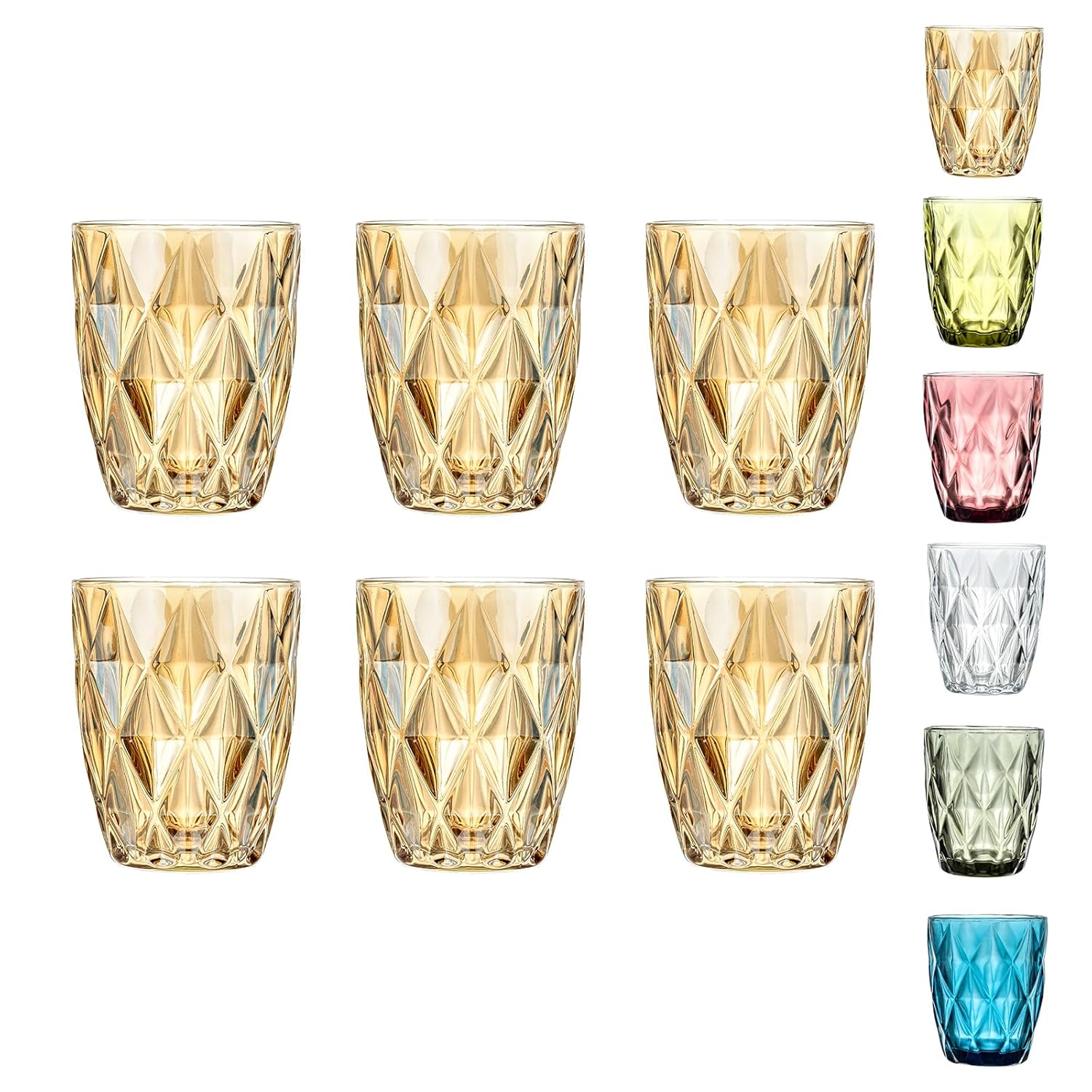 Golden Diamond Drinking Glasses – Set of 6 Vintage Embossed Tumblers for Water, Cocktails, and Beverages Home Studio