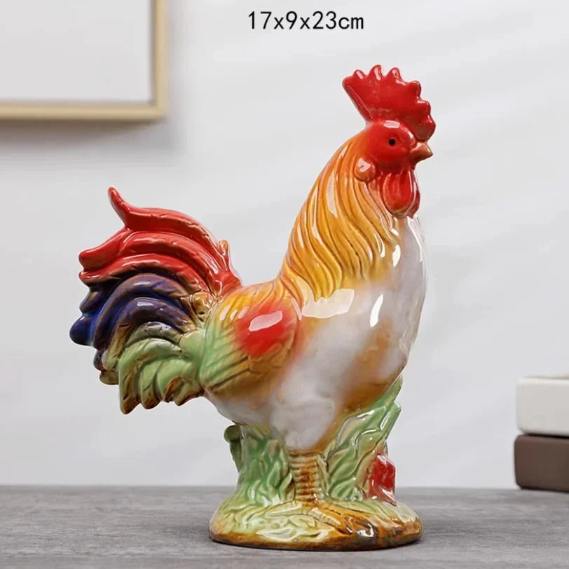 Home Studio | Ceramic Rooster & Hen Figurine Set – 2 Pieces Large | Hand-Painted Rustic Farmhouse Decor