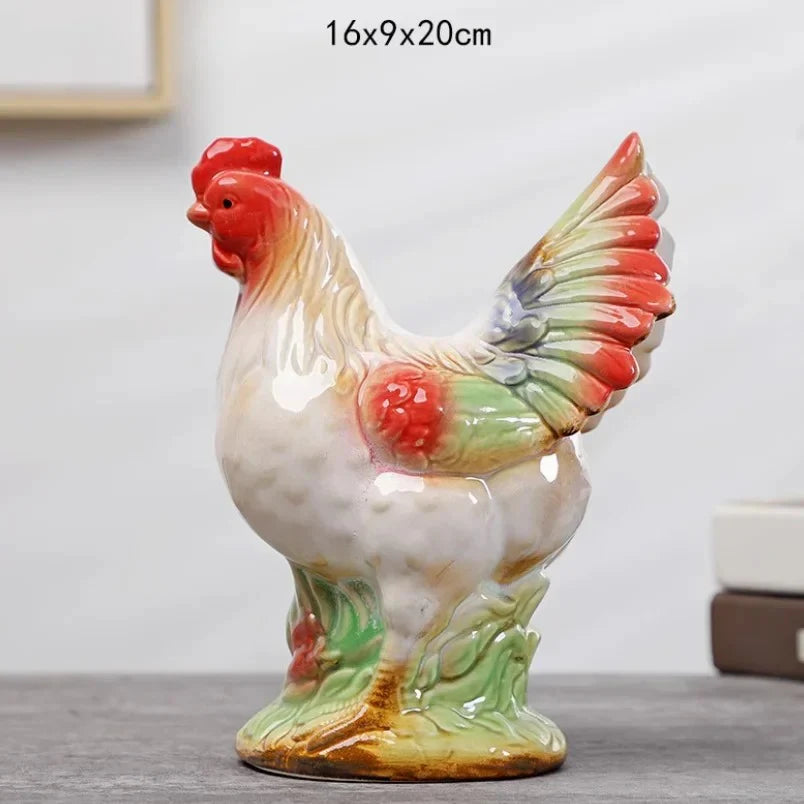 Home Studio | Ceramic Rooster & Hen Figurine Set – 2 Pieces Large | Hand-Painted Rustic Farmhouse Decor