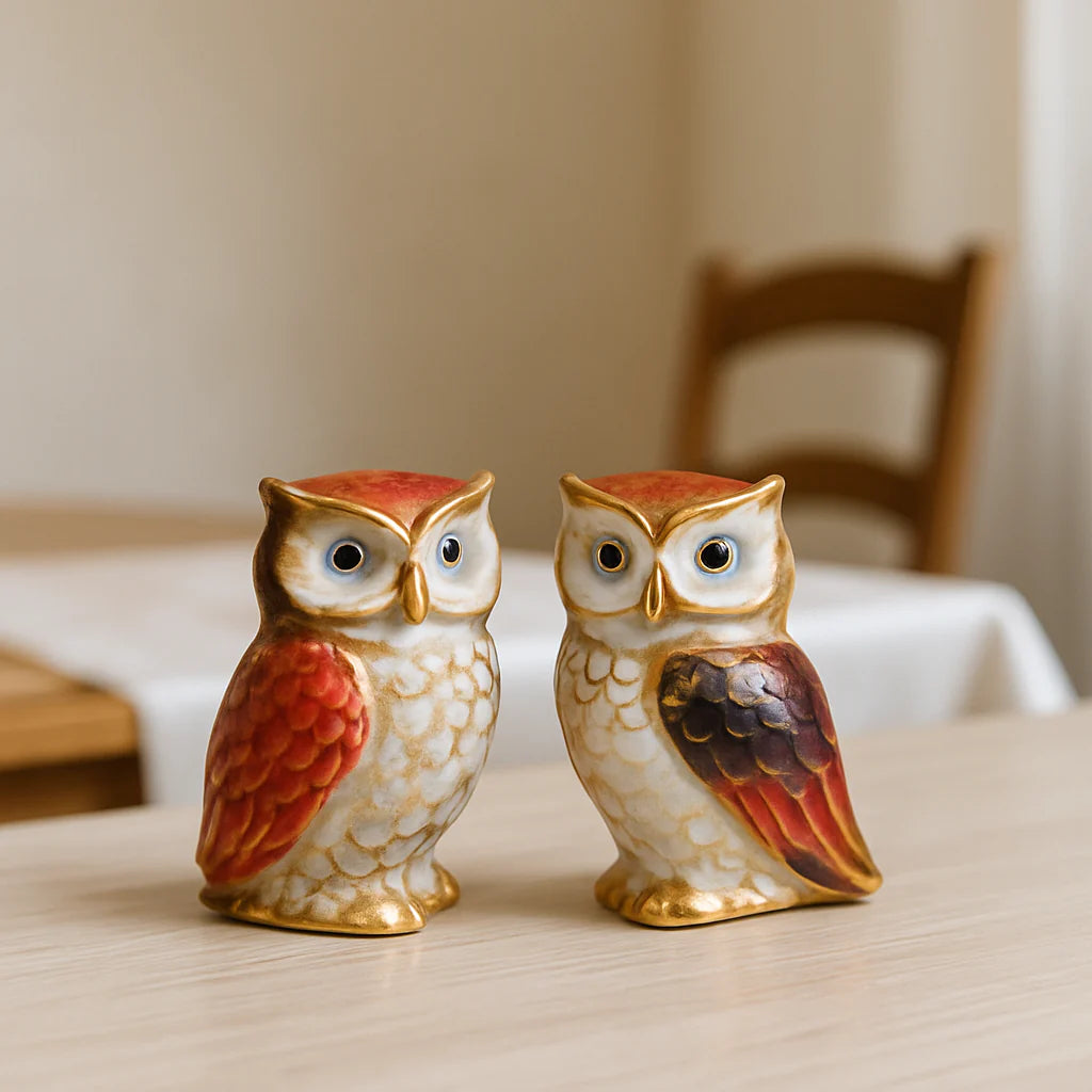 Home Studio | Vintage Ceramic Owl Figurines – Set of 2 in Burnt Orange & Gol