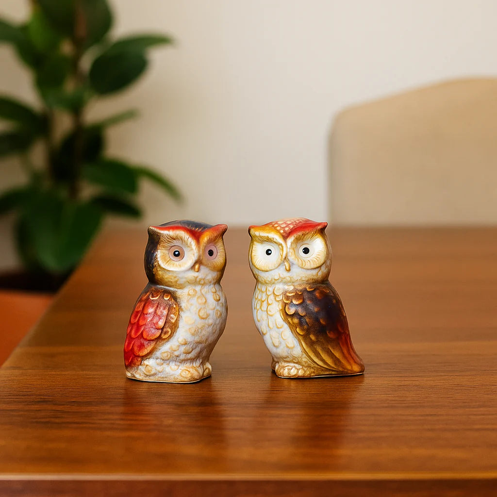 Home Studio | Vintage Ceramic Owl Figurines – Set of 2 in Burnt Orange & Gol
