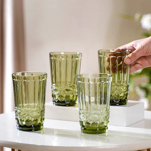 Green Textured Water Glasses – Set of 4 Eco-Friendly Drinkware for Everyday & Special Occasions by Home Studio