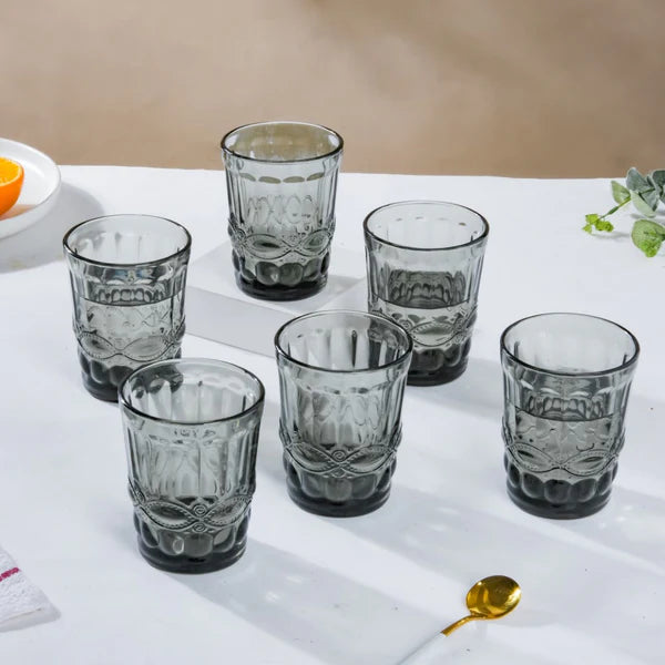 Ash Grey Textured Glass Set – Set of 4 Stylish Tumblers for Dining & Entertaining by Home Studio