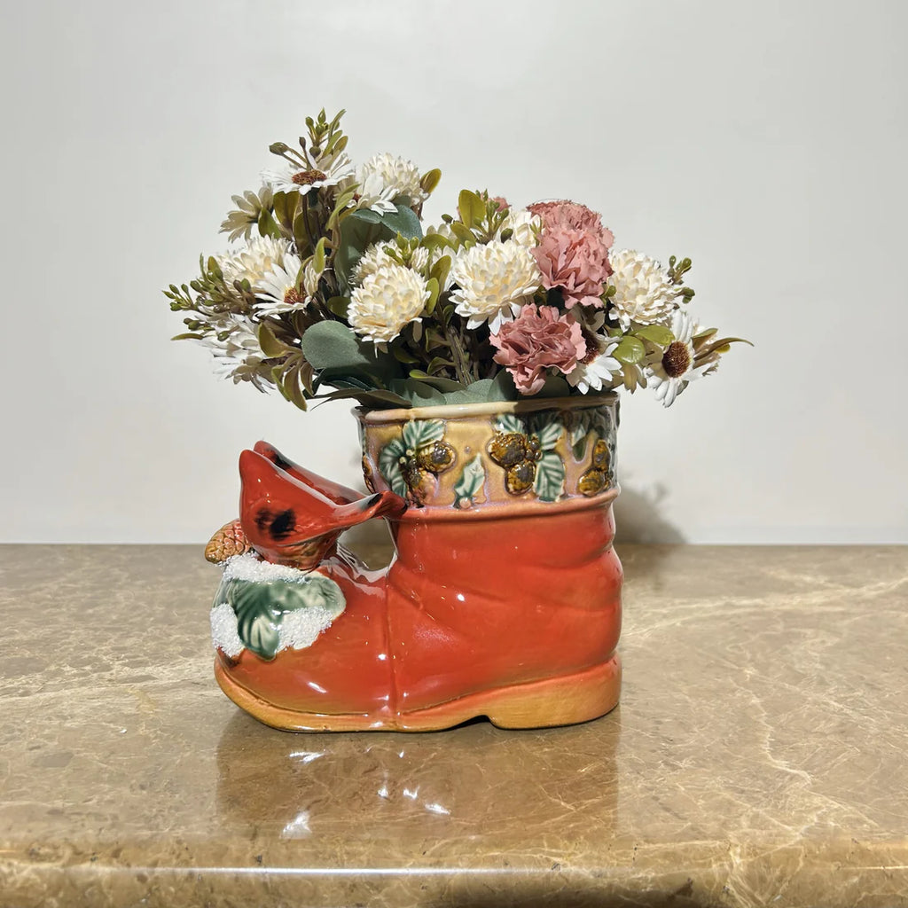 Home Studio | Holiday Ceramic Boot Planter – Rustic Multipurpose Decor with Woodland Accents