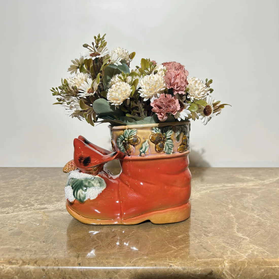 Home Studio | Holiday Ceramic Boot Planter – Rustic Multipurpose Decor with Woodland Accents