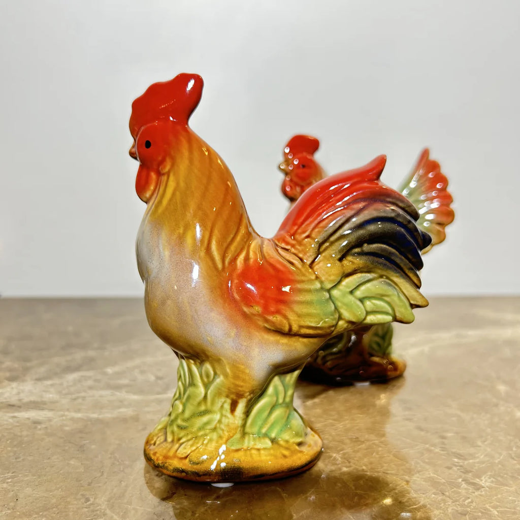 Home Studio | Ceramic Rooster & Hen Figurine Set – 2 Pieces Small | Hand-Painted Rustic Farmhouse Decor