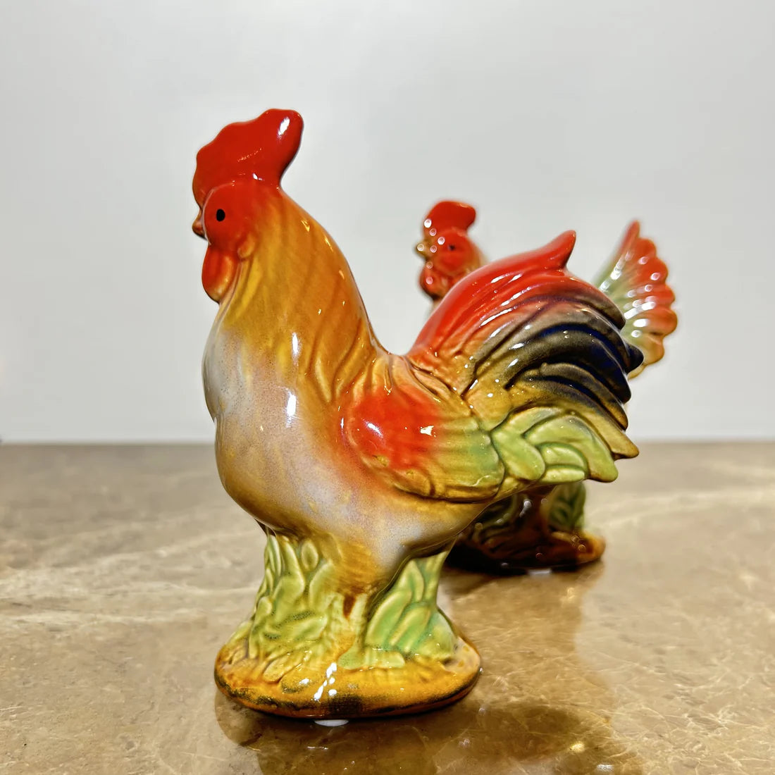 Home Studio | Ceramic Rooster & Hen Figurine Set – 2 Pieces Small | Hand-Painted Rustic Farmhouse Decor