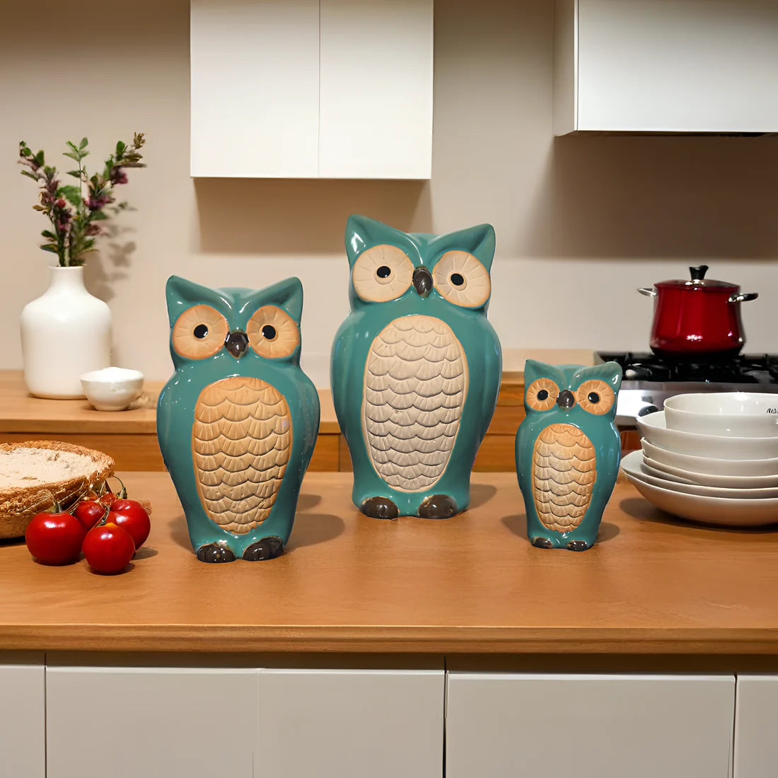Home Studio Charming Ceramic Owl Family Set – Set of 3 | Playful & Whimsical Home Decor