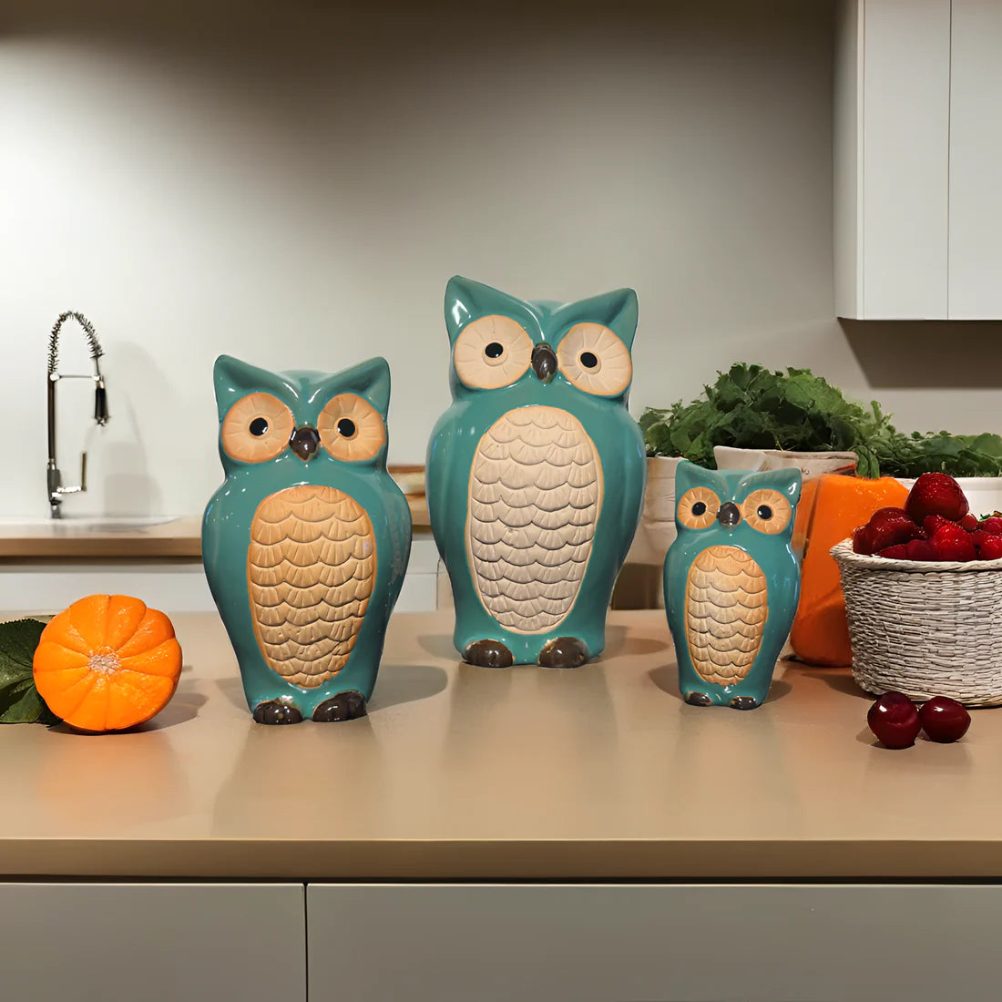 Home Studio Charming Ceramic Owl Family Set – Set of 3 | Playful & Whimsical Home Decor