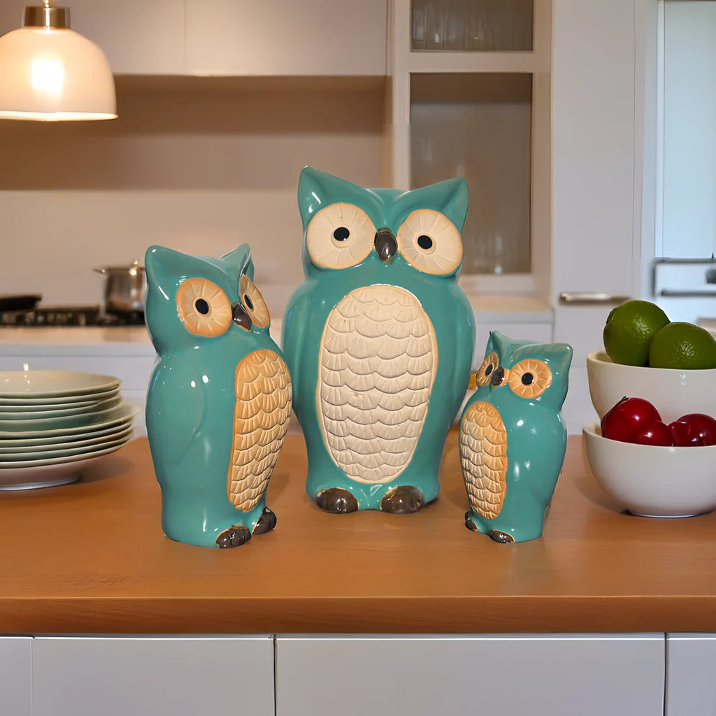 Home Studio Charming Ceramic Owl Family Set – Set of 3 | Playful & Whimsical Home Decor