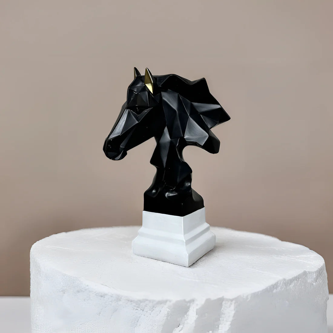 Home Studio | Geometric Black Horse Head Sculpture with White Base | Modern Polyresin Decor