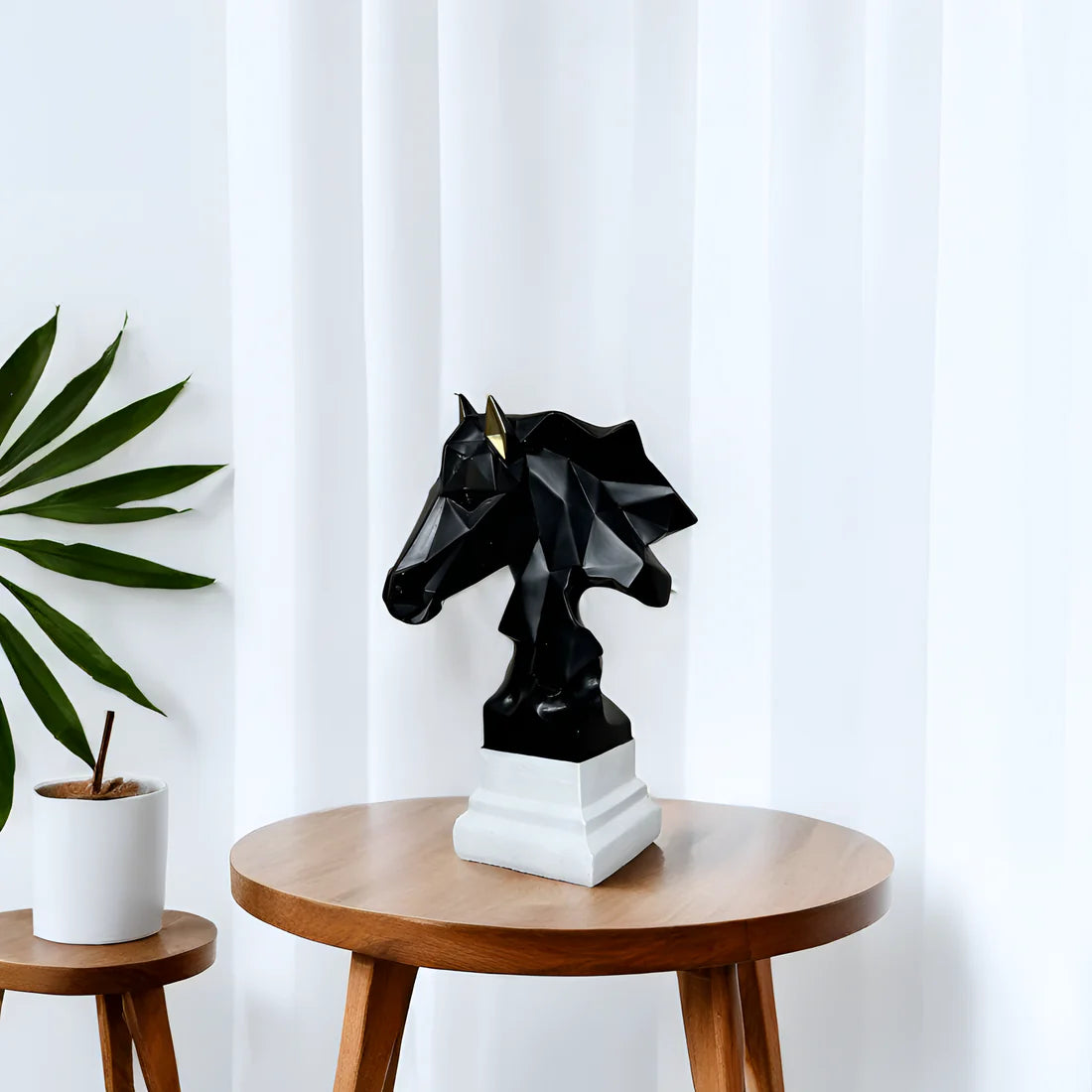 Home Studio | Geometric Black Horse Head Sculpture with White Base | Modern Polyresin Decor